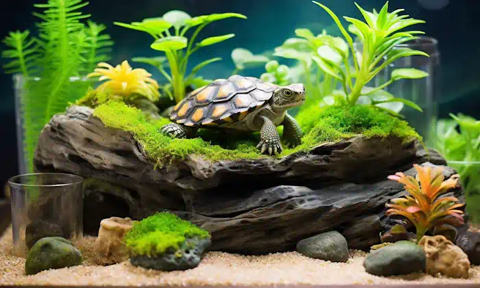 Turtle basking on top of a turtle rock platform.